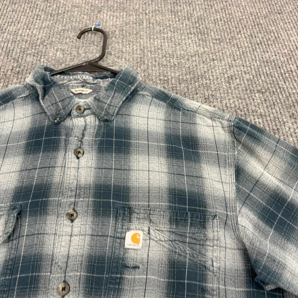 Carhartt Button Up Shirt Mens L Blue Cotton Plaid Relaxed Fit Workwear‎ Casual